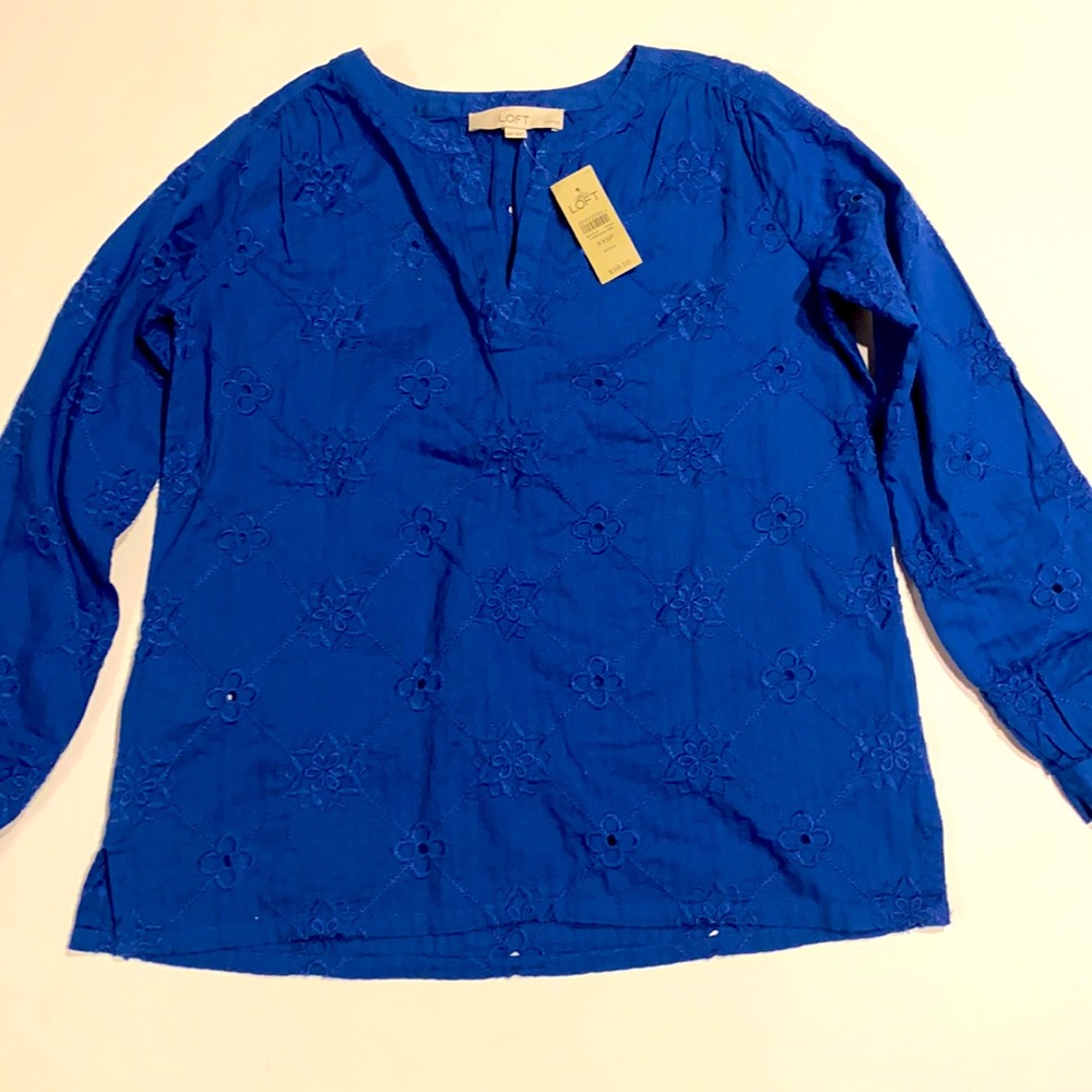 The Loft XXS Petite Blue Long Sleeve Eyelet Embroidered Blouse New Top